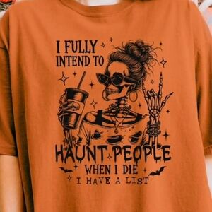 Orange Graphic Tee with Skeleton Design